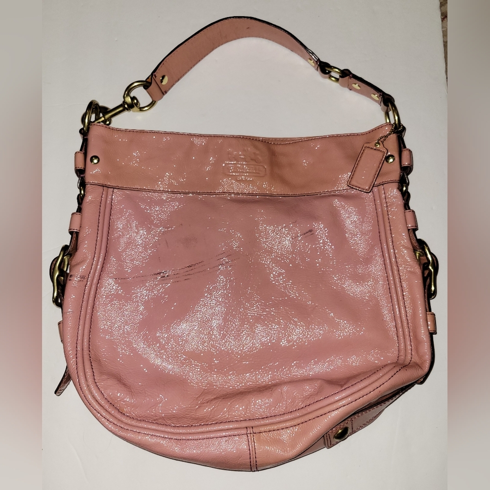 Coach Vintage Pink Patent Leather Shoulder Bag With Buckle Detail